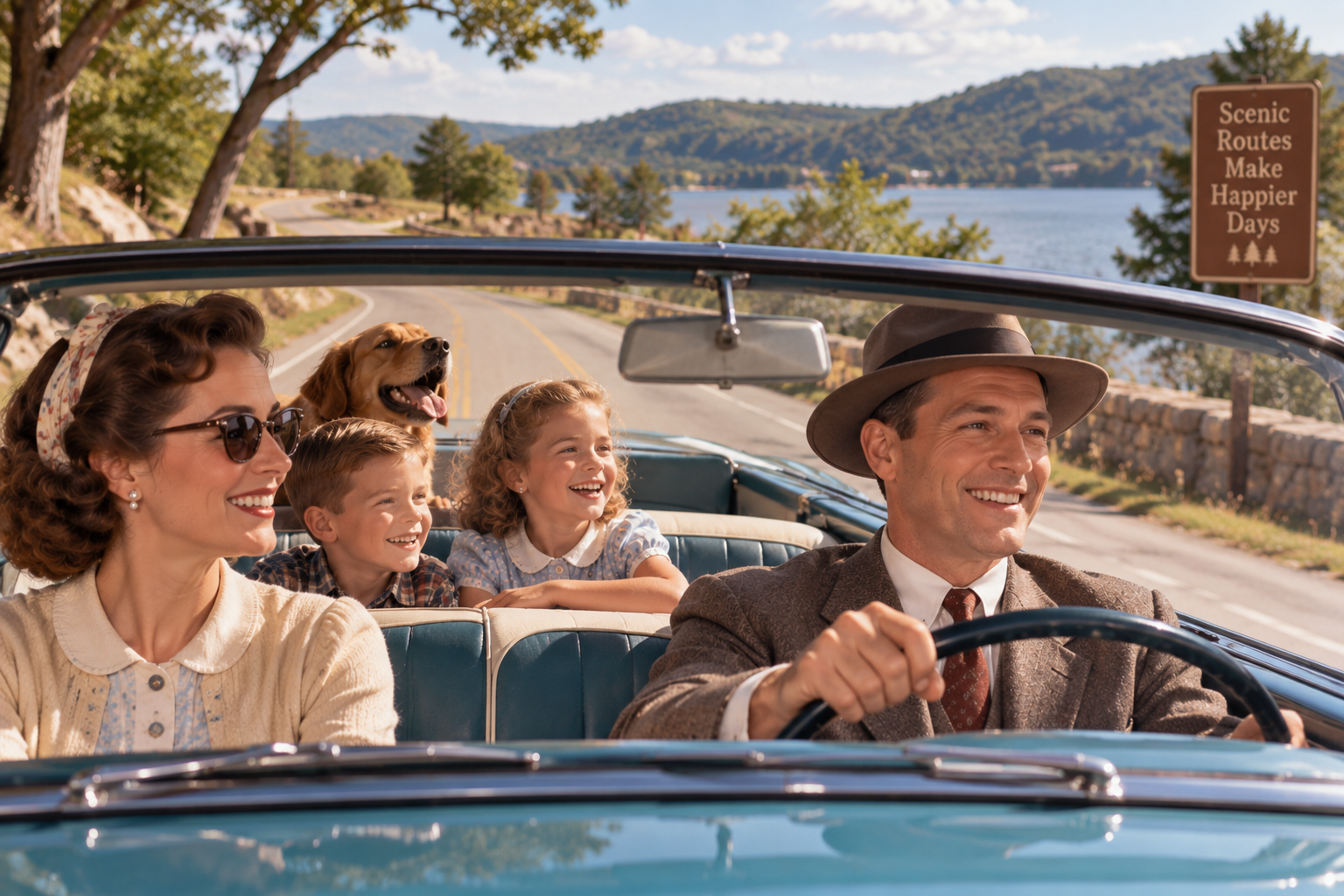 A smiling family of four and their dog ride in a blue convertible on a scenic lakeside road. A sign reads, “Scenic Routes Make Happier Days.” Trees and hills are visible in the background.