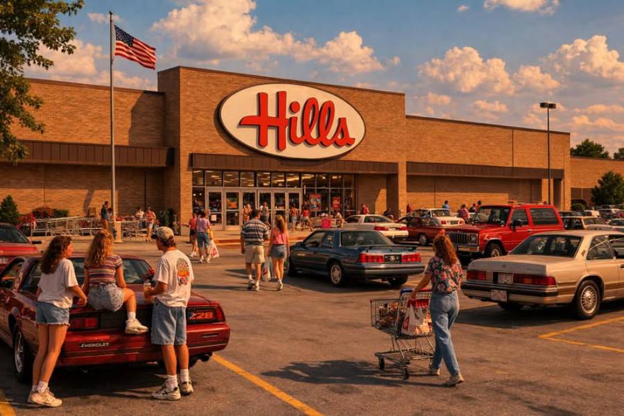 People walk and gather in front of a Hills department store, with cars parked in the lot and an American flag flying. The scene has a nostalgic, 1990s atmosphere.