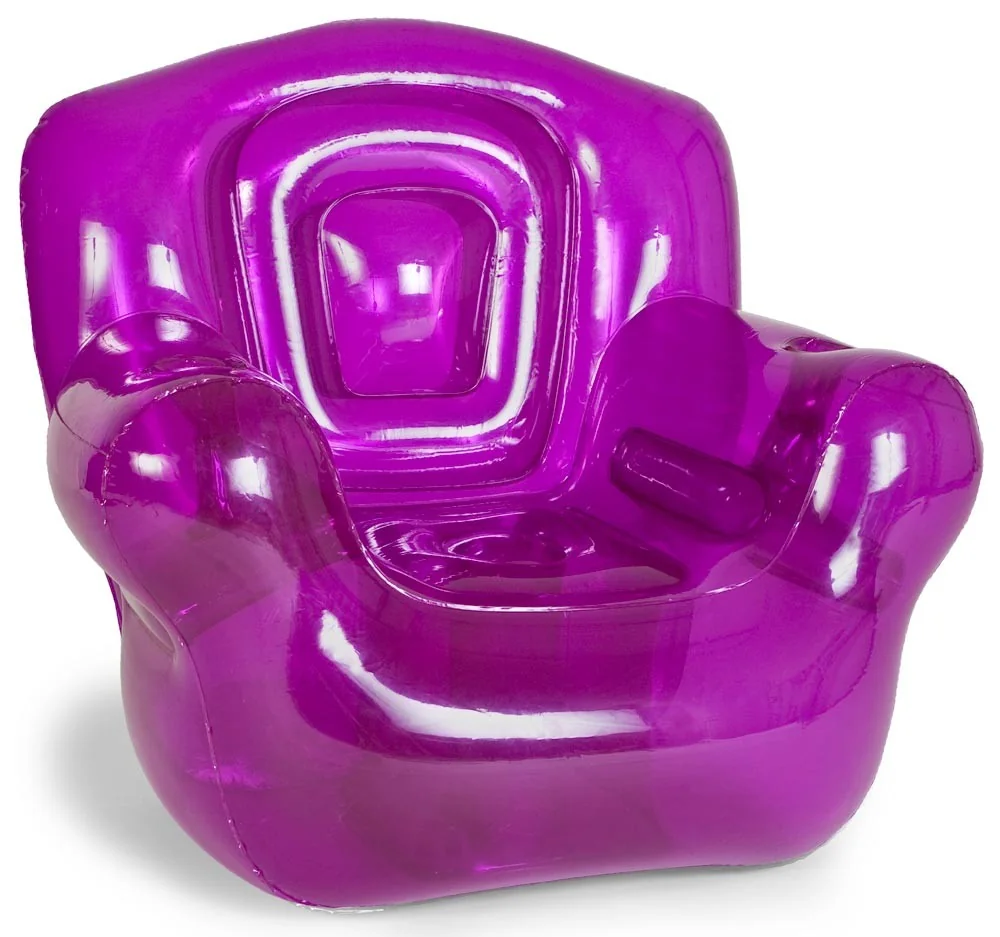 A glossy, purple inflatable chair with thick armrests and a high backrest, shown against a white background.