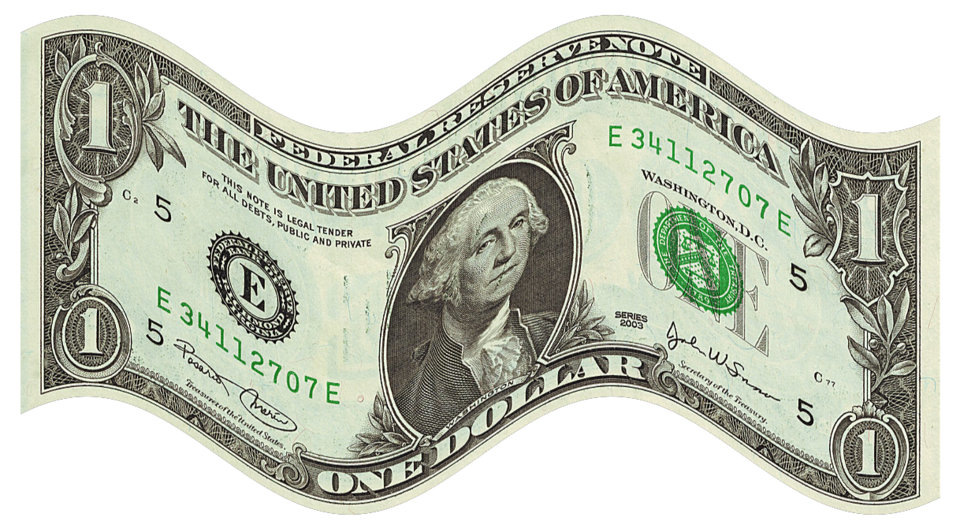 A wavy, distorted U.S. one-dollar bill featuring George Washington, with serial number E 34112707 E, appears stretched in a wave pattern against a plain white background.