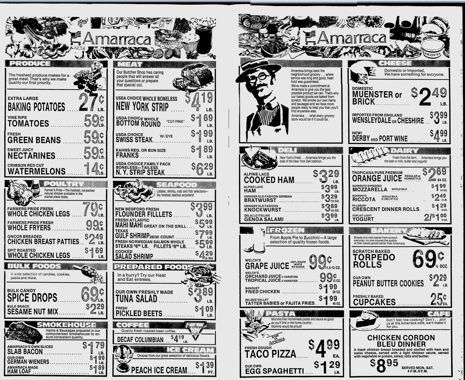 A black-and-white supermarket flyer displays prices for produce, meat, seafood, dairy, frozen food, pasta, and bakery items, with illustrations of food and a person wearing glasses and a hat.