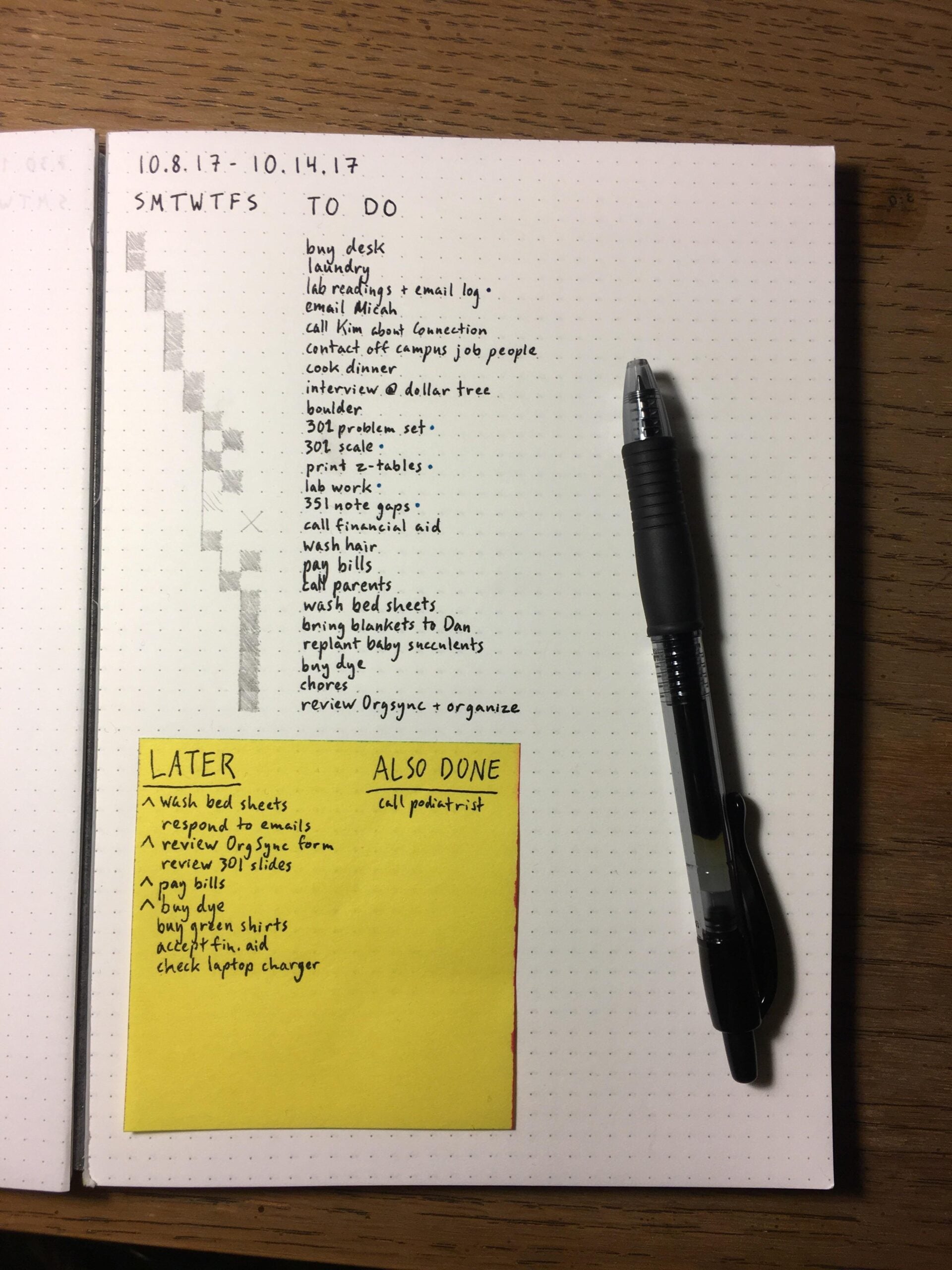 An open dotted notebook shows a weekly planner with a to-do list, small calendar, and sticky notes labeled “LATER” and “ALSO DONE”; a black pen rests on the page.