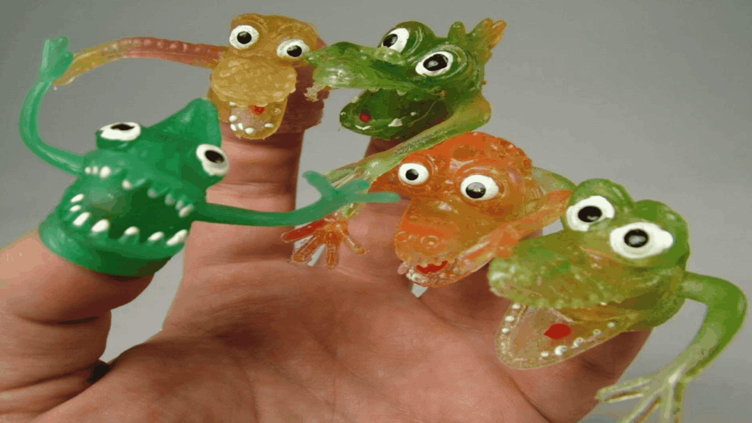A hand with five different colorful, cartoonish, stretchy animal finger puppets, each with big eyes and open mouths, resembling dinosaurs or reptiles, against a plain background.