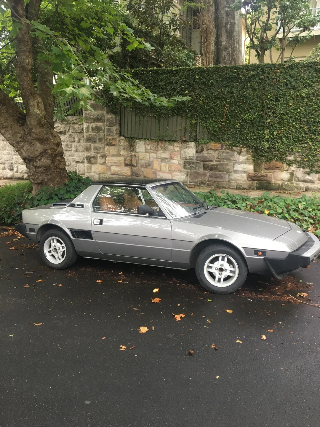 A silver classic sports car is parked on a wet street beside a stone wall, with green ivy and trees in the background.