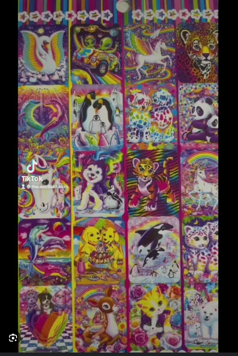 A colorful poster features 20 neon, psychedelic animal illustrations, including unicorns, pandas, tigers, dolphins, penguins, and leopards, all surrounded by rainbow backgrounds and whimsical, vibrant details.