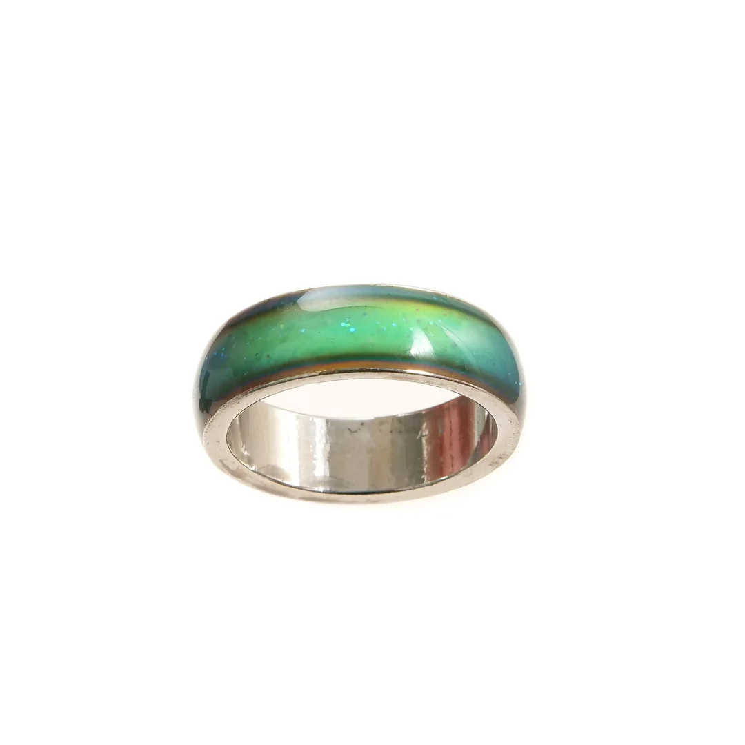 A silver ring with a smooth, domed band featuring a gradient of green and blue colors, isolated on a white background.