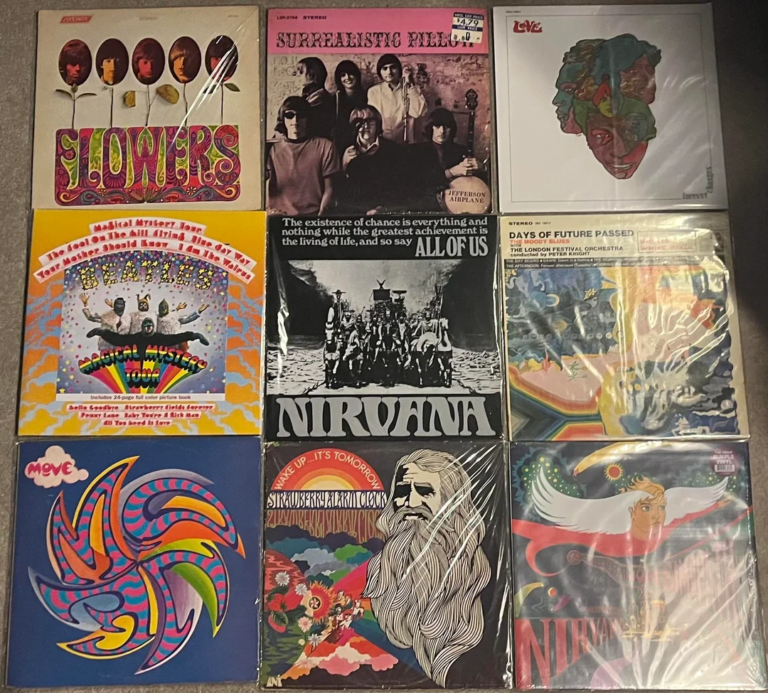 Nine psychedelic rock album covers are laid out in a 3x3 grid, featuring vivid colors, abstract designs, and band names like Flowers, Nirvana, The Move, and Days of Future Passed by The Moody Blues.
