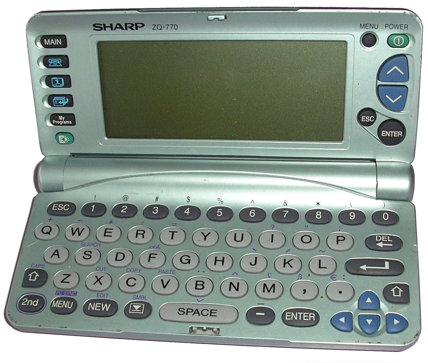 A silver Sharp ZQ-770 electronic organizer with an open clamshell design, showing a screen on the top half and a full QWERTY keyboard with various function keys on the bottom half.