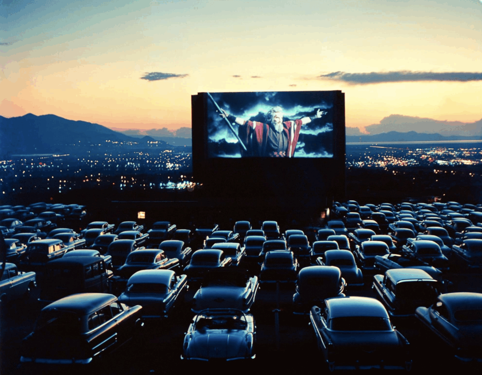 Rows of vintage cars parked at a drive-in theater at sunset, facing a large outdoor screen displaying a dramatic movie scene with a figure holding a staff. City lights and mountains are visible in the background.