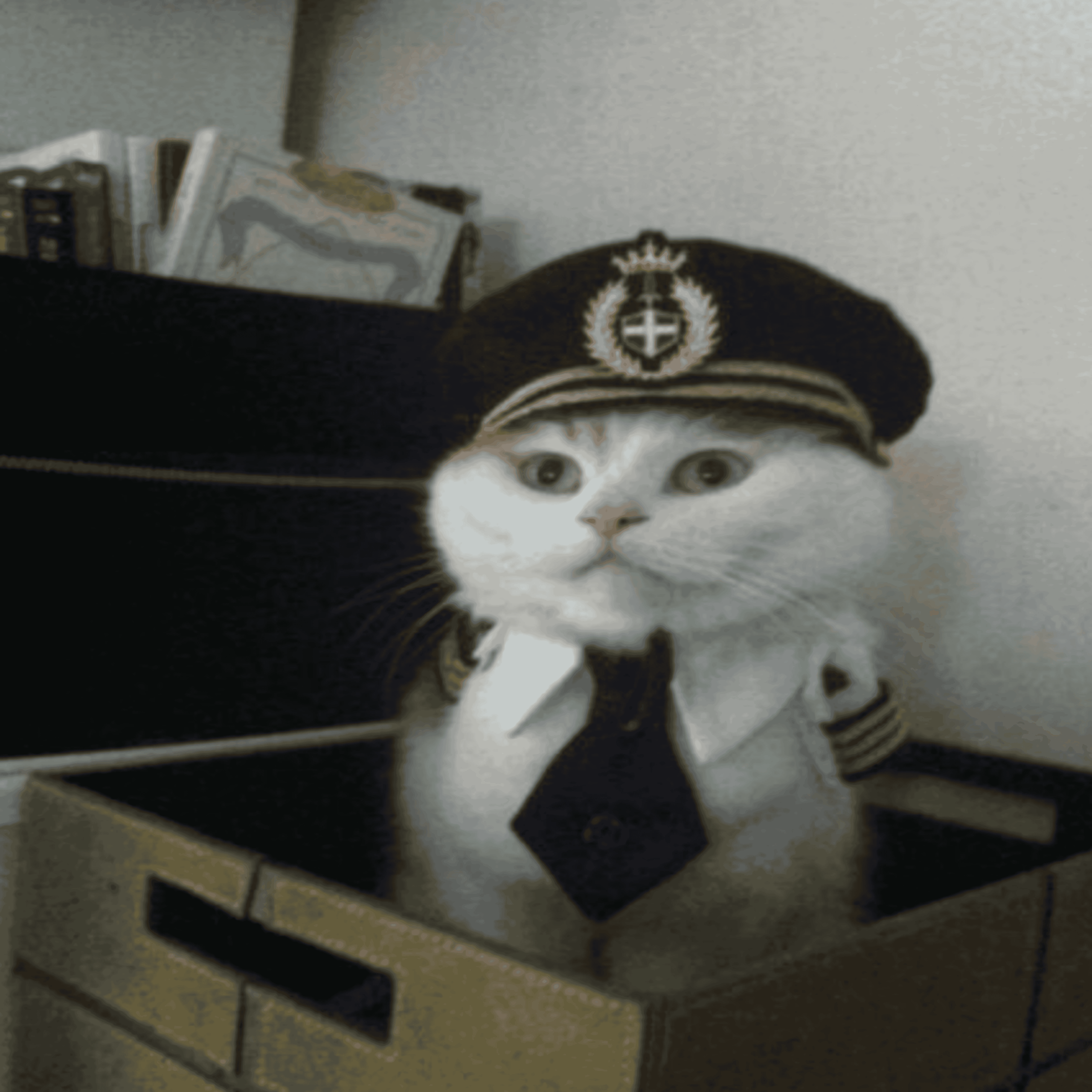 A white cat dressed as a pilot, wearing a captain’s hat and tie, sits inside a cardboard box with a bookshelf in the background.