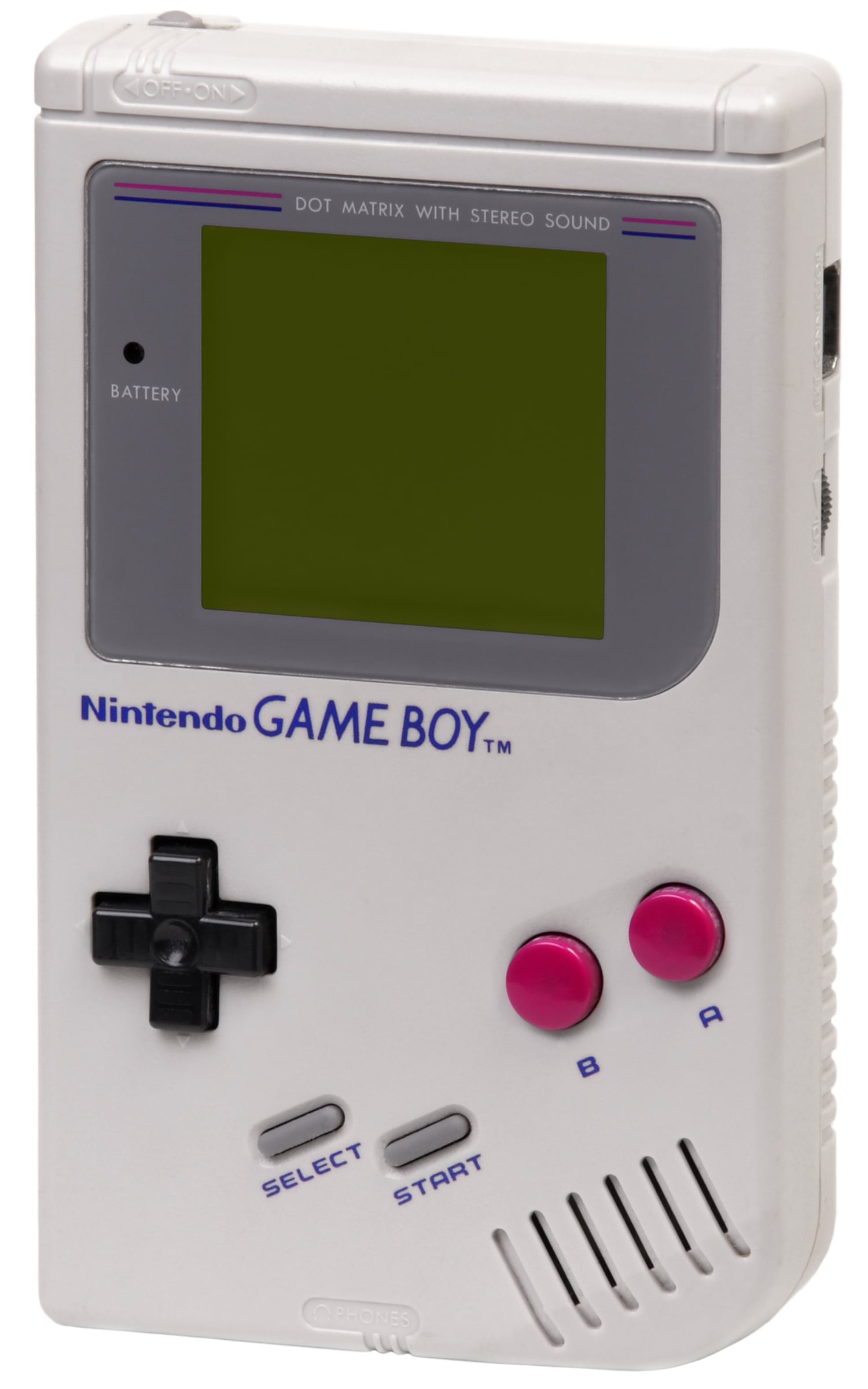 A classic Nintendo Game Boy handheld console with a gray body, black buttons, and magenta A and B buttons, shown standing upright.