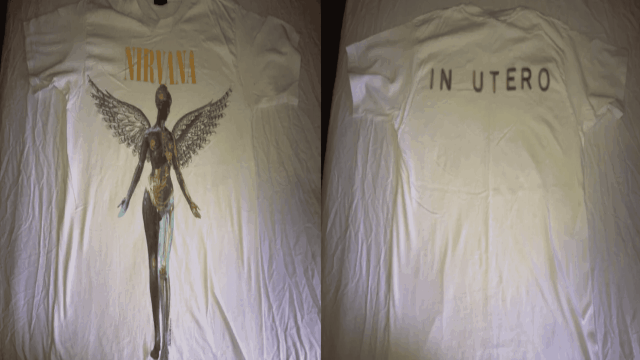 Two sides of a white T-shirt: the front shows the word “NIRVANA” above an anatomical angel; the back displays the text “IN UTERO”.