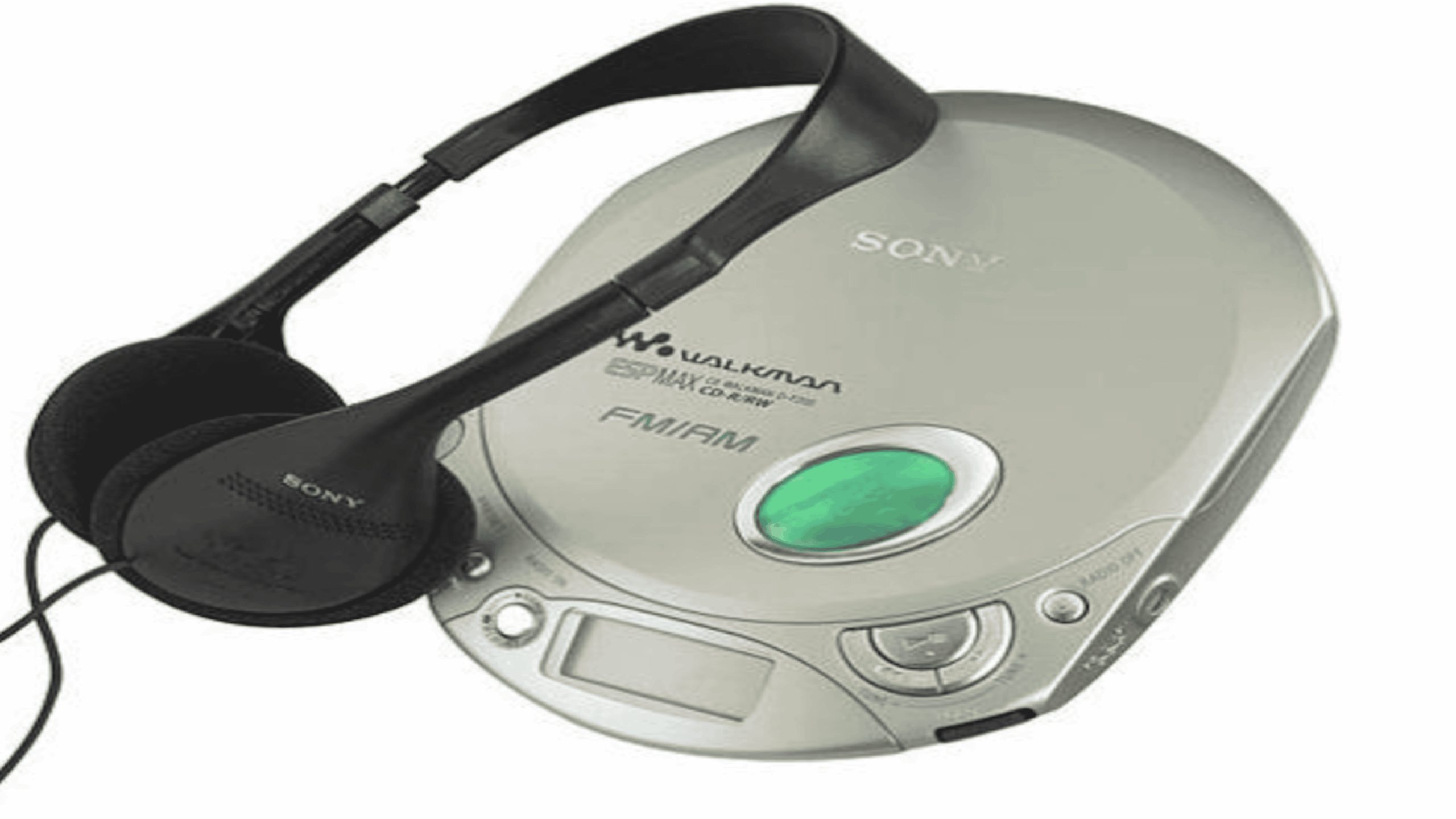 A silver Sony portable CD player with black headphones resting on top. The device has buttons and a green accented area on the lid.