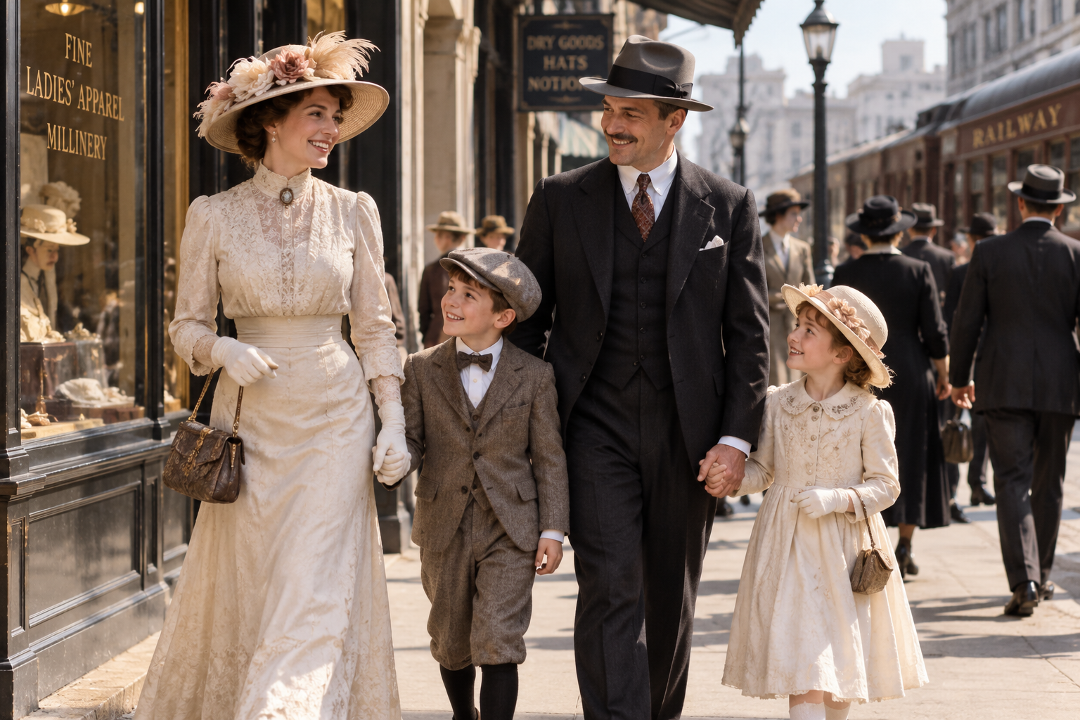 A smiling family in early 1900s attire walks along a city street near shop windows and a train station, holding hands and dressed in elegant, vintage clothing.