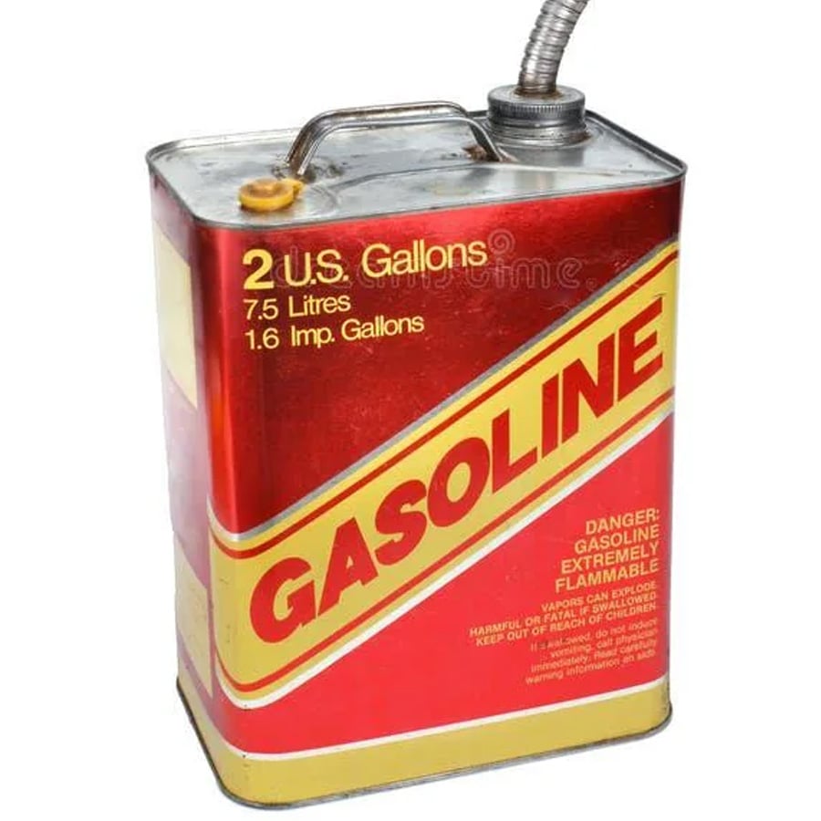 A red rectangular gasoline can with a yellow diagonal stripe labeled “GASOLINE,” metal handle, and spout. Text indicates 2 U.S. gallons and flammability warnings on the front.