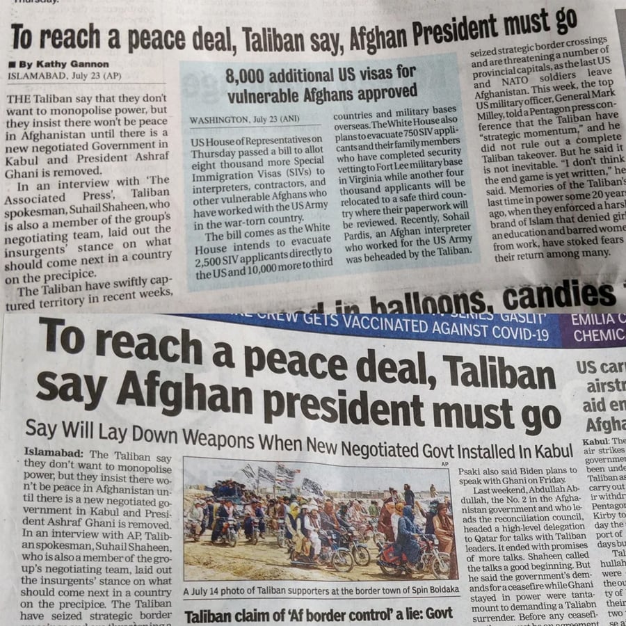 Close-up of two overlapping newspaper articles with the headline: “To reach a peace deal, Taliban say Afghan president must go.” One article includes a small color photo of people and vehicles gathered outdoors.