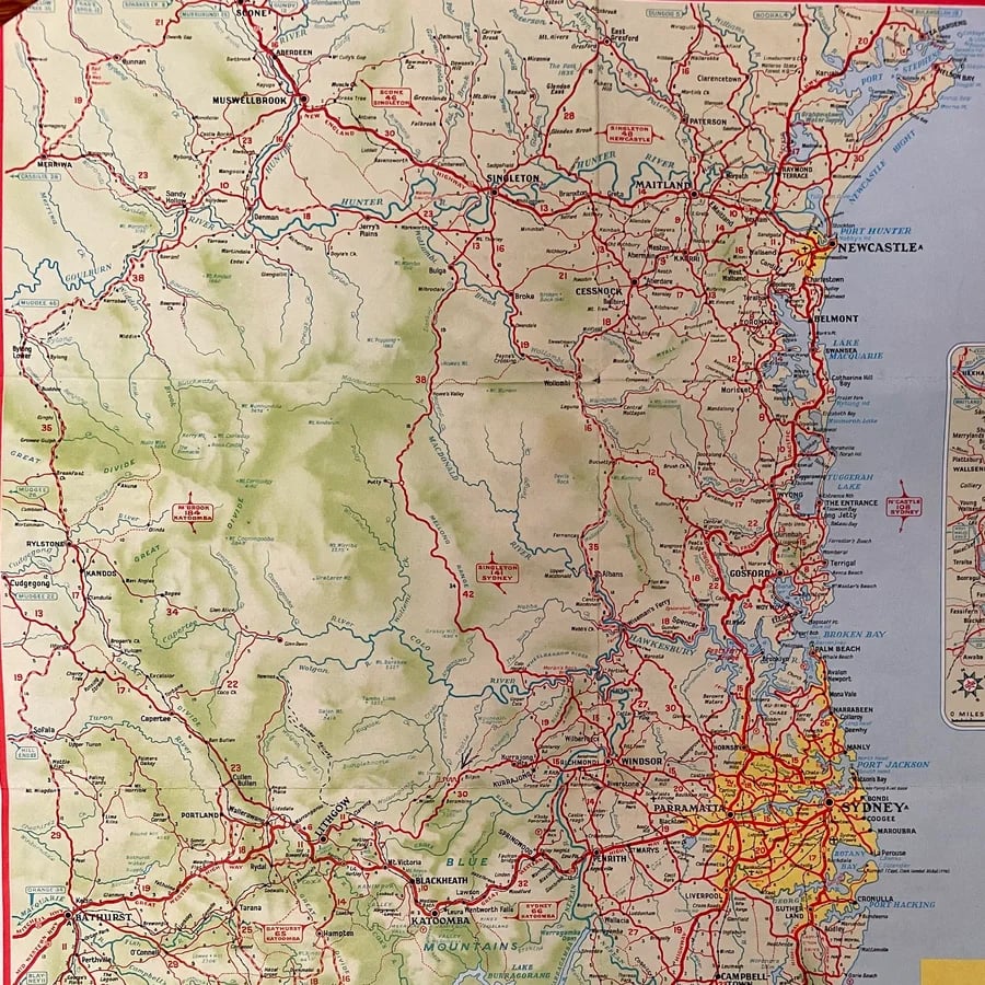 A detailed road map of southeastern Australia, highlighting highways, towns, and cities including Sydney, Newcastle, and the coastal region. Green areas indicate parks or mountainous terrain.