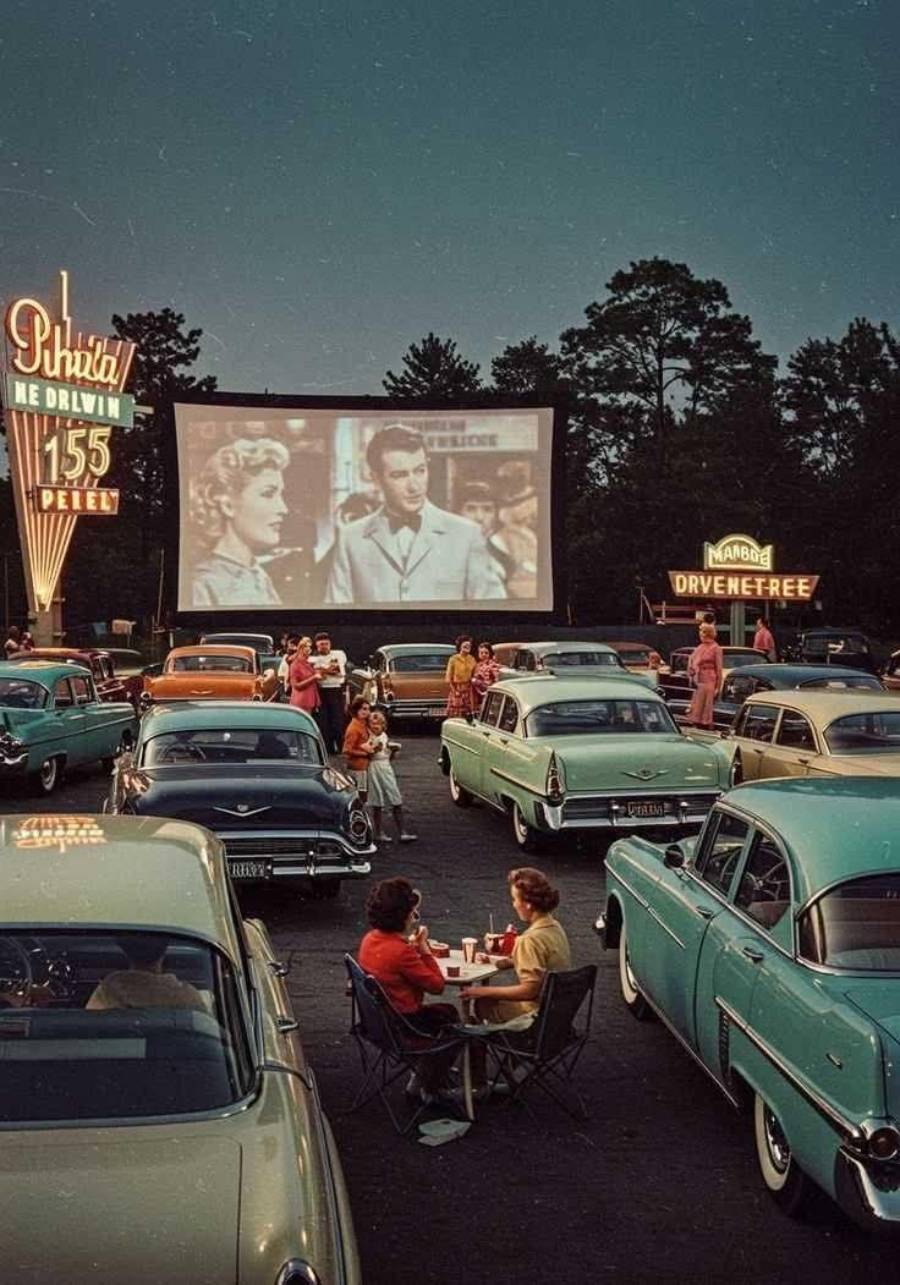 A vintage drive-in theater at dusk, showing a black-and-white film. Classic cars are parked facing the screen, people sit at tables eating snacks, and neon signs are illuminated. Tall trees frame the background.