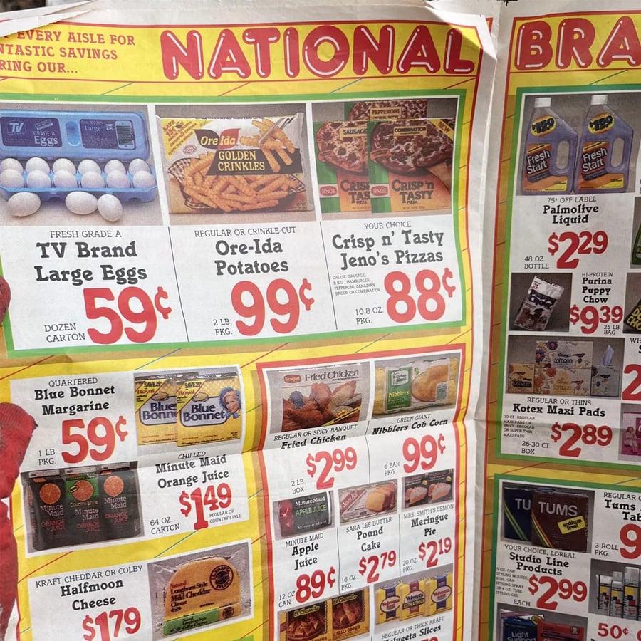 A grocery store flyer displays sale prices for eggs, potatoes, pizzas, margarine, and other food items, including images and bold red prices on a yellow background.