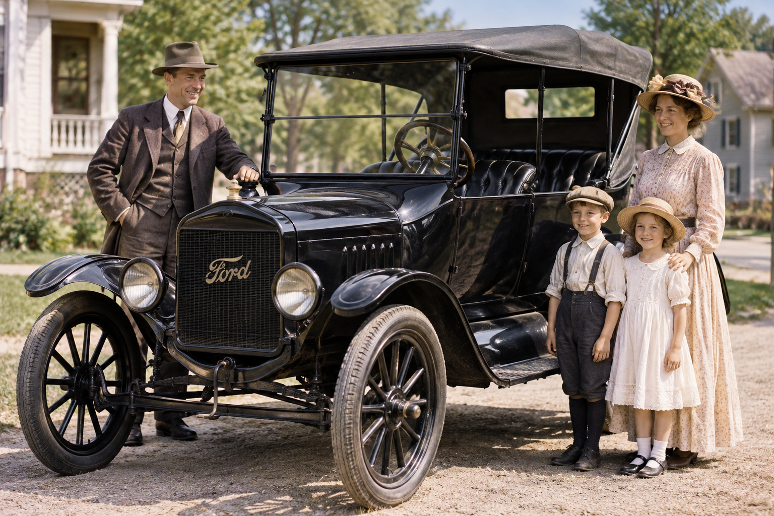 A smiling family of four in early 1900s clothing stands by a black vintage Ford car on a sunny day, with a house and trees in the background.