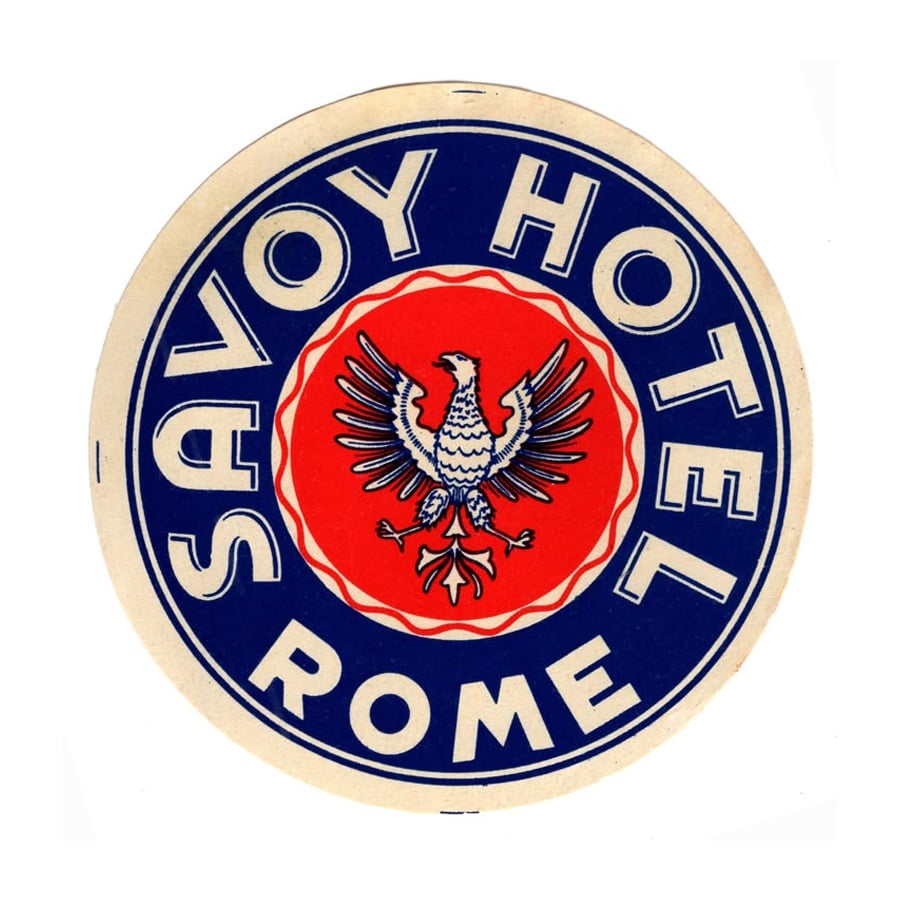 Circular vintage label with “Savoy Hotel Rome” in white text on a blue background, and a central red circle featuring a stylized eagle with outstretched wings.