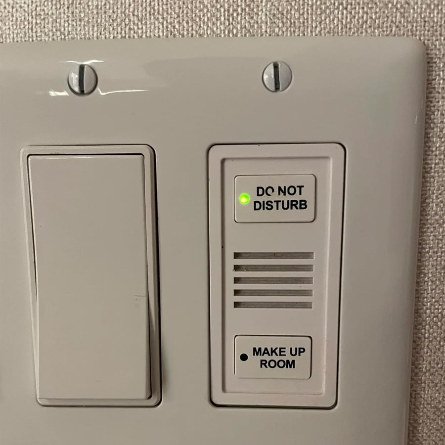 Two switches on a wall: the left is blank, the right is labeled “DO NOT DISTURB” with a green light on, and below that, “MAKE UP ROOM” without a light. The panel is mounted on a textured wall.