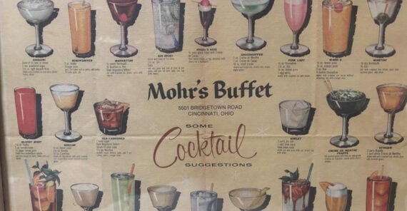 Vintage menu from Mohr’s Buffet shows illustrations and names of various cocktails above the restaurant’s address in Cincinnati, Ohio, with the words “Some Cocktail Suggestions” in the middle.
