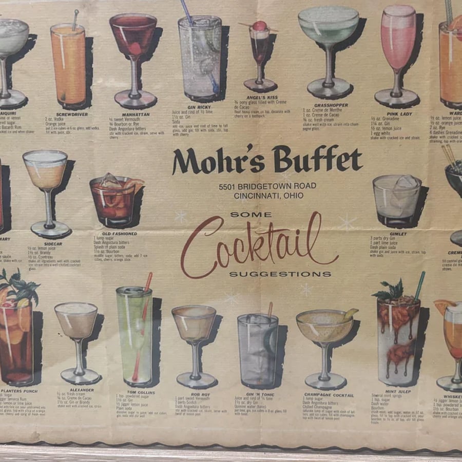 Vintage menu from Mohr’s Buffet in Cincinnati, Ohio, featuring illustrated cocktails like Grasshopper, Pink Lady, Tom Collins, and more, arranged in rows with recipe details. Text in the center highlights “Some Cocktail Suggestions.”