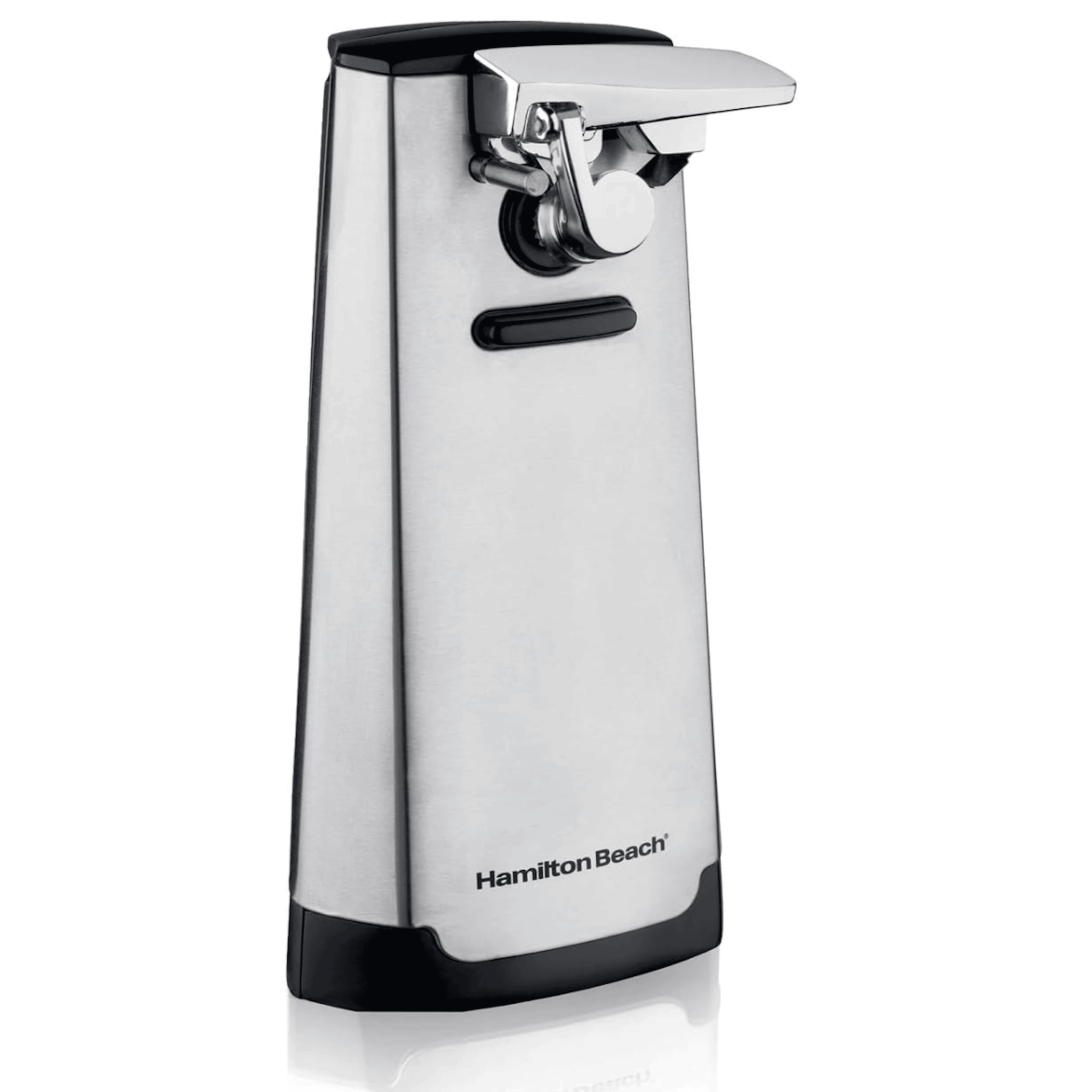A stainless steel electric can opener with a black base and the brand name “Hamilton Beach” on the front, standing upright against a white background.