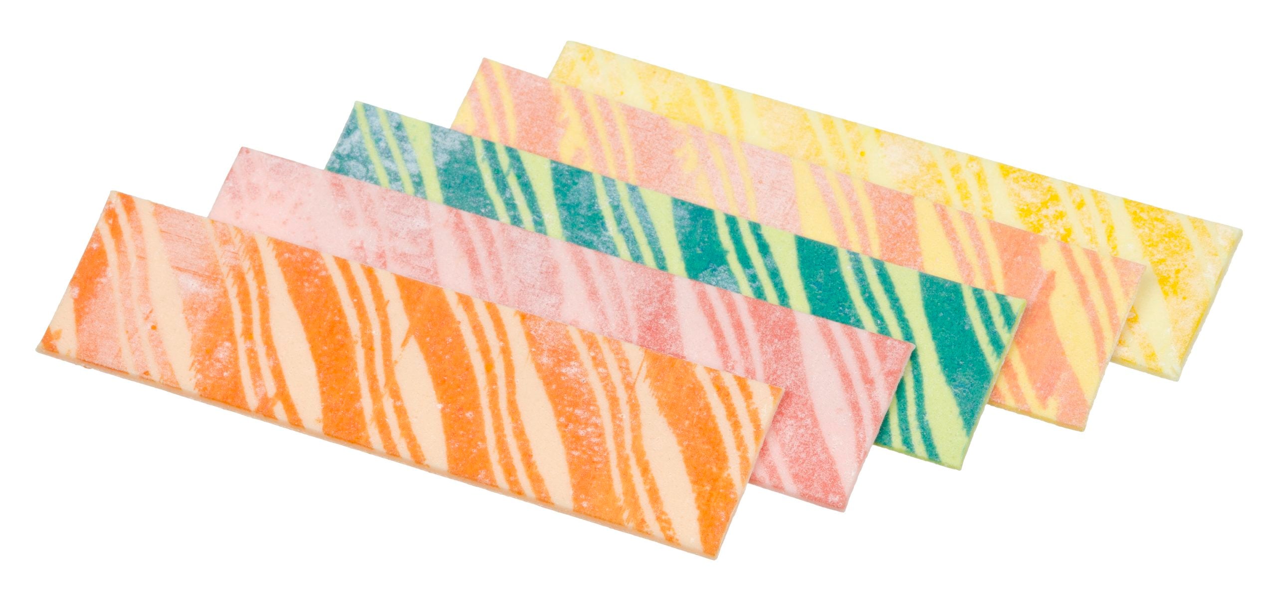 Five sticks of striped chewing gum in orange, pink, green, yellow, and peach colors, arranged in a fanned-out pattern against a white background.