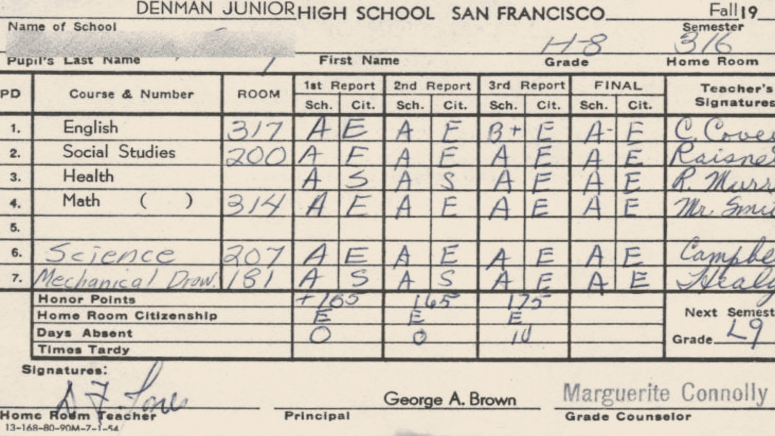 A 1950s high school report card from San Francisco showing courses, room numbers, grades (mainly A’s), teacher signatures, and attendance. The student’s name and some personal details are visible.
