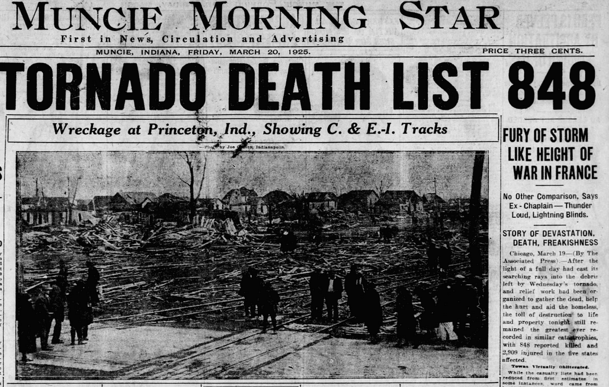 Black and white 1925 newspaper shows “Tornado Death List 848” headline, a photo of tornado wreckage with people standing amid debris, and articles about the disaster’s impact and destruction.