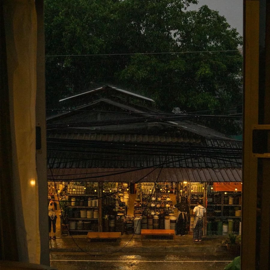 A warmly lit market with pots and plants is seen through a window on a rainy evening, with reflections on the wet street and lush trees in the background.