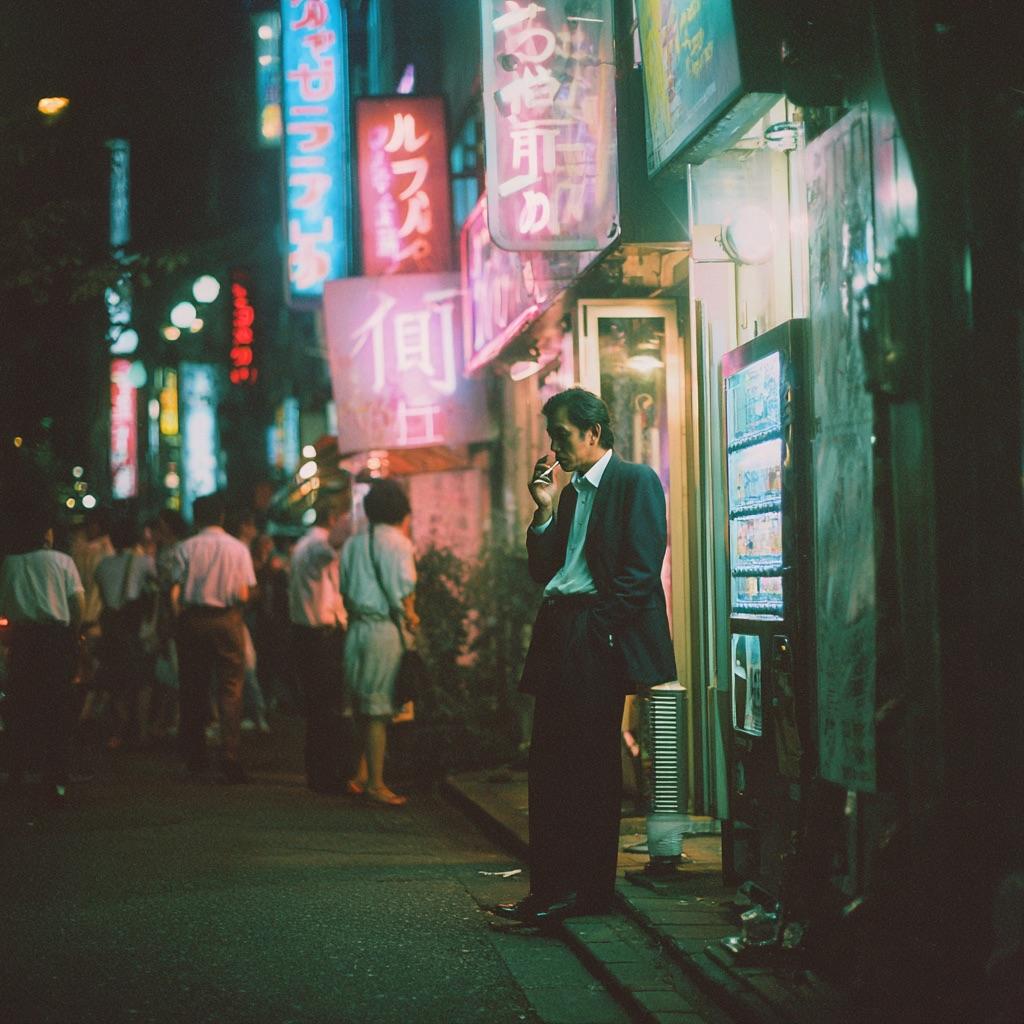 A man in a suit smokes outside a brightly lit shop in a busy city street at night, surrounded by neon signs and groups of people walking by.
