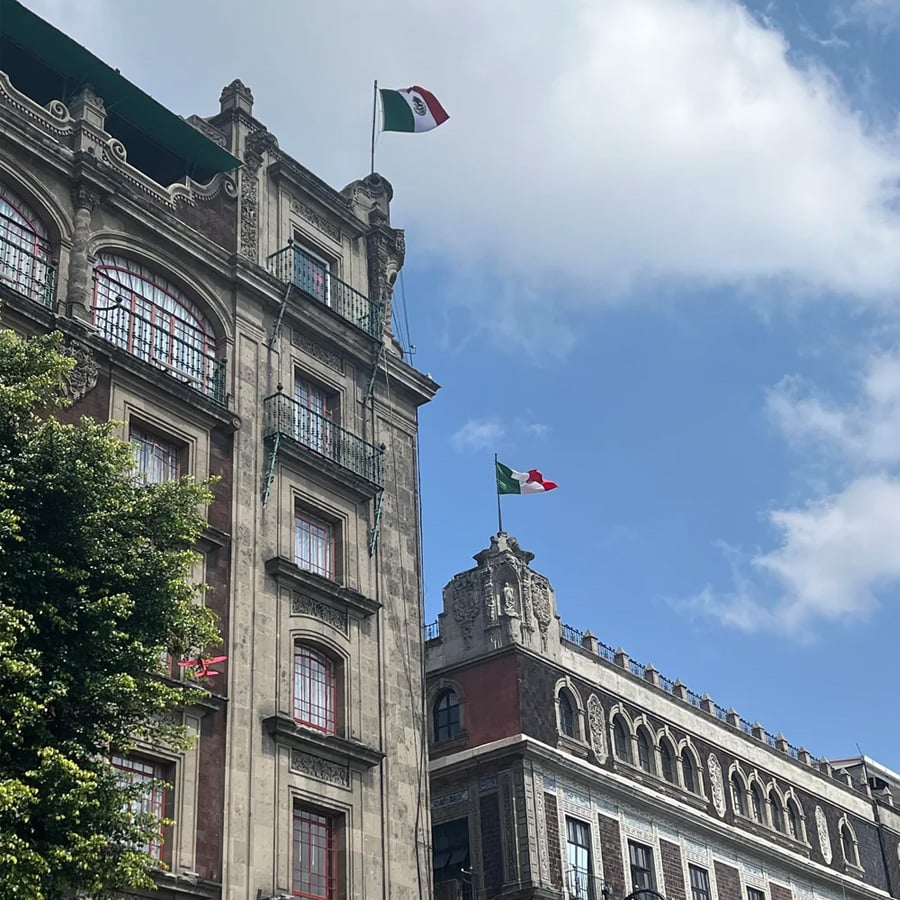 Two historic stone buildings with arched windows and Mexican flags on their rooftops, set against a blue sky with clouds. A leafy tree partially covers the lower left corner of the image.