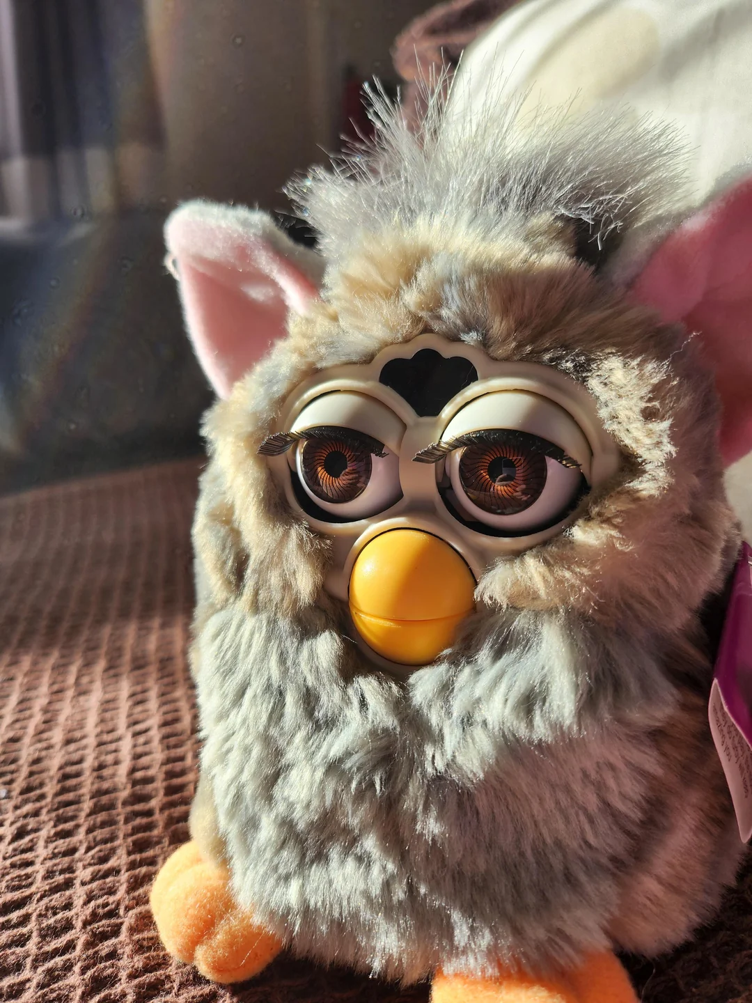 A close-up of a gray and white Furby toy with large eyes, an orange beak, pink ears, and orange feet, sitting on a textured brown surface in sunlight.