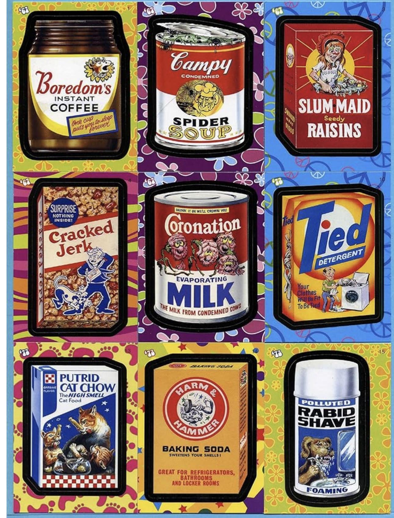 A colorful grid of nine parody product labels, including spoof coffee, soup, raisins, jerky, milk, detergent, cat food, baking soda, and shaving cream, all with humorous names and cartoonish art.