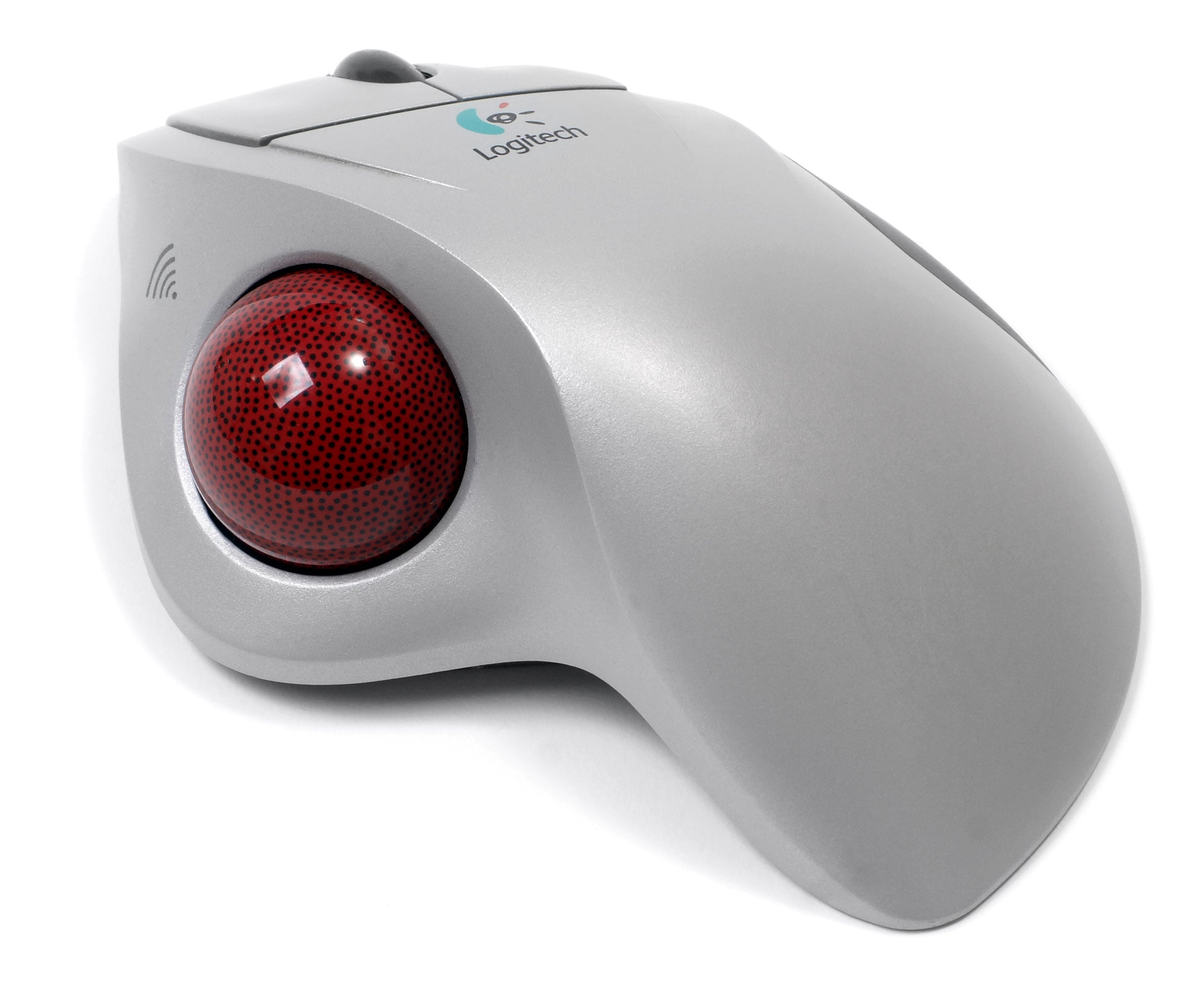 A silver Logitech trackball mouse with a large red ball on the left side, angled on a white background.