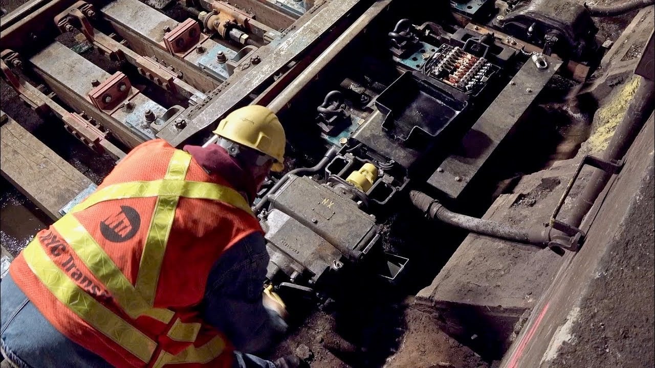 A worker in a yellow hard hat and orange safety vest repairs train tracks, working on electrical equipment beside the rails in a dimly lit area.