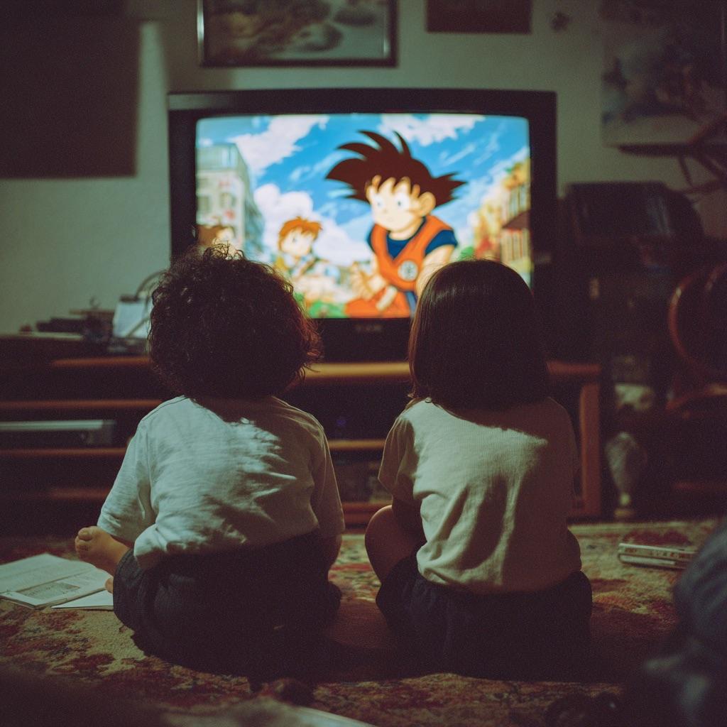 Two children sit on the floor watching an animated show on TV, featuring a character with spiky hair. The room is dimly lit, creating a cozy atmosphere with scattered papers nearby.