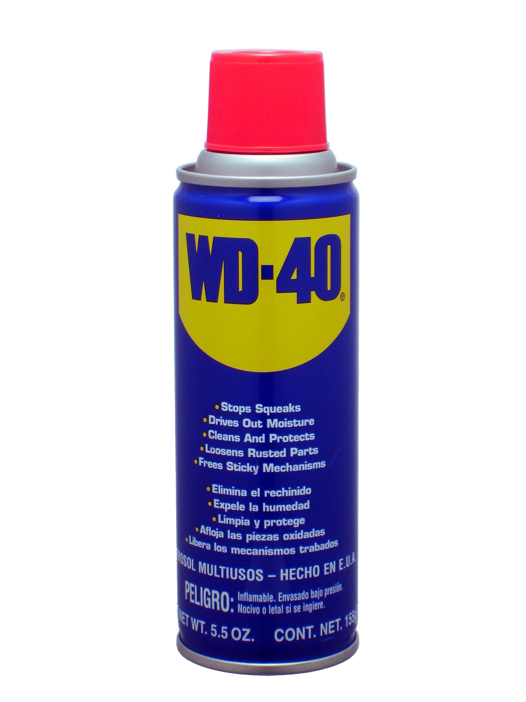 A can of WD-40 lubricant with a red cap and blue label listing its uses, such as stopping squeaks and loosening rusted parts. The label includes English and Spanish text.