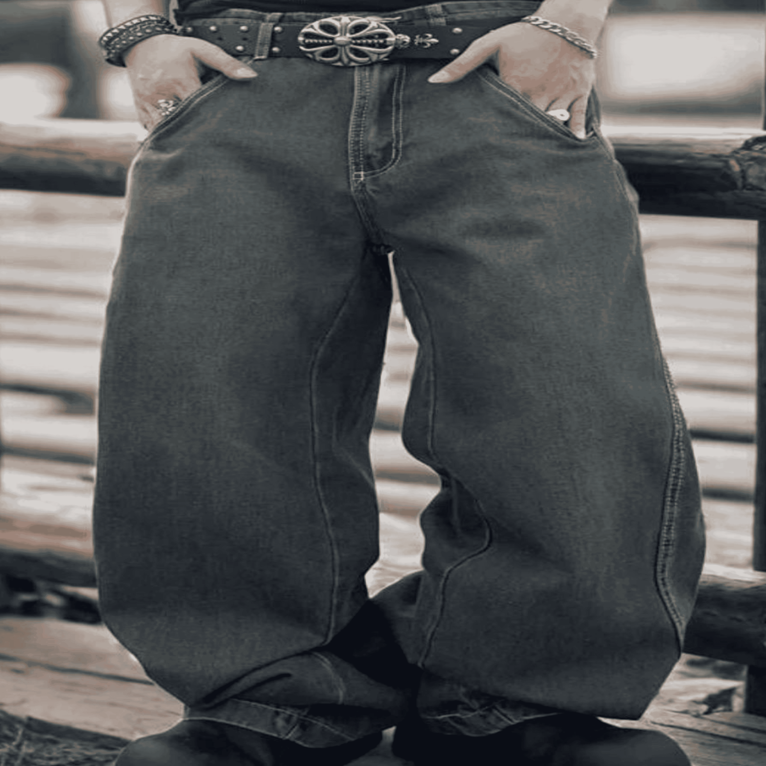 Person wearing baggy denim jeans, a decorative belt, bracelets, and rings stands outdoors with hands in pockets. Only the lower half of the body is visible.