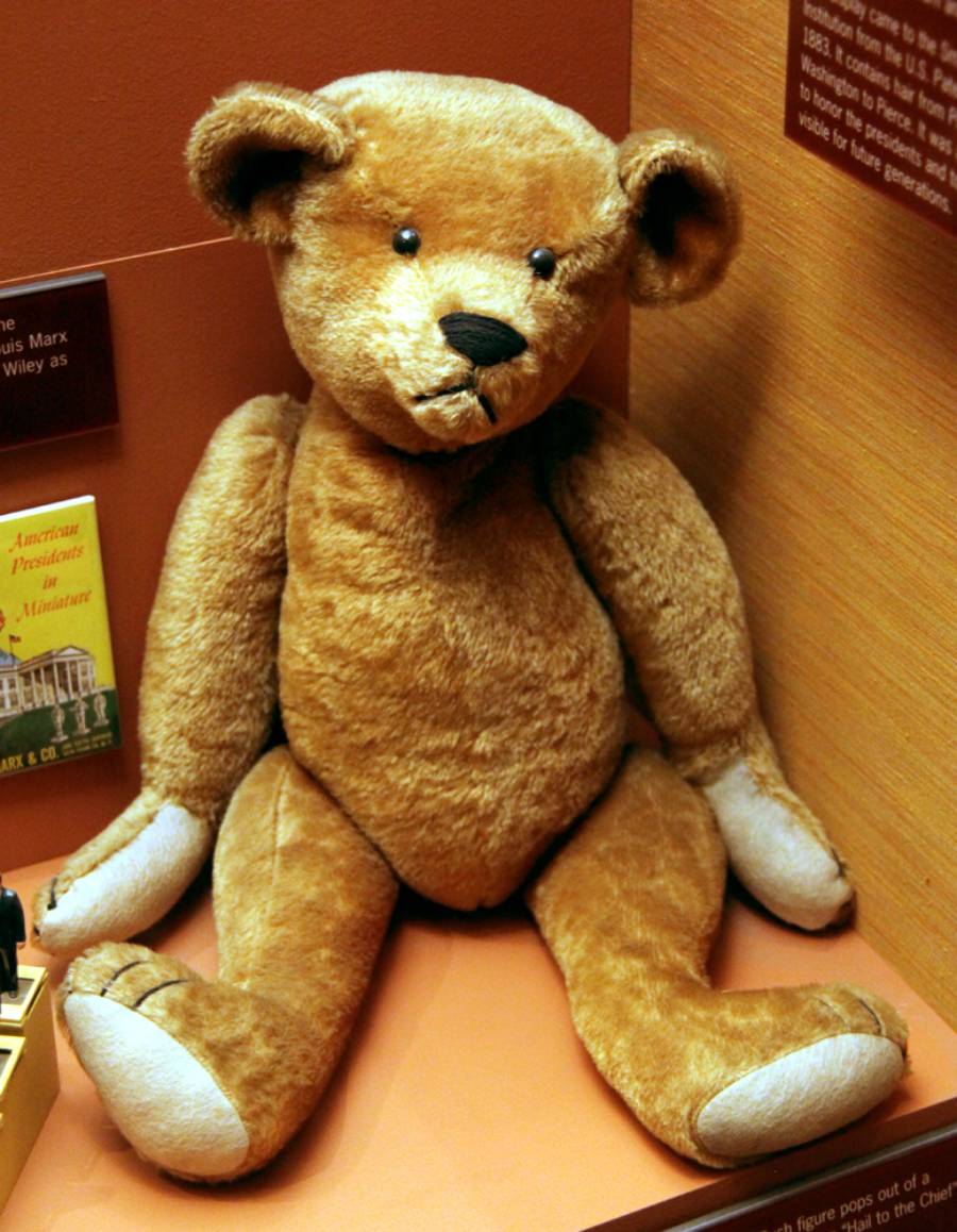 A classic brown teddy bear with black button eyes and a dark nose sits upright in a museum display, surrounded by informational plaques and small books.