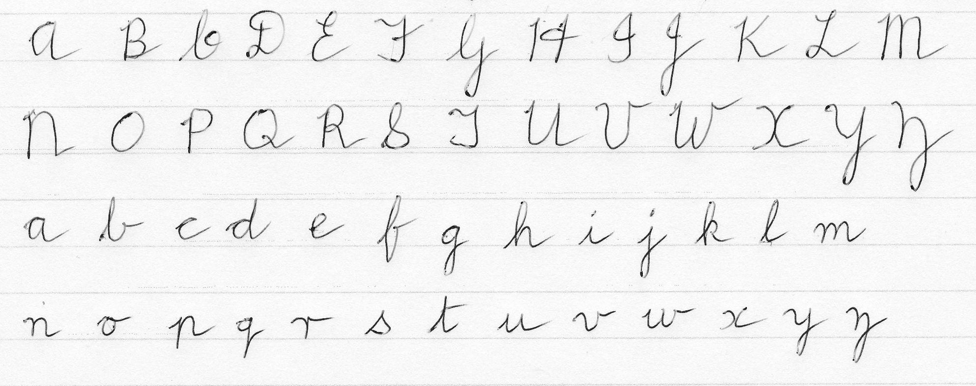 Cursive alphabet practice sheet showing uppercase and lowercase letters written neatly in black ink on lined paper.