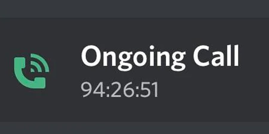 A screen shows an ongoing call with a green phone icon and the call duration displayed as 94 hours, 26 minutes, and 51 seconds.