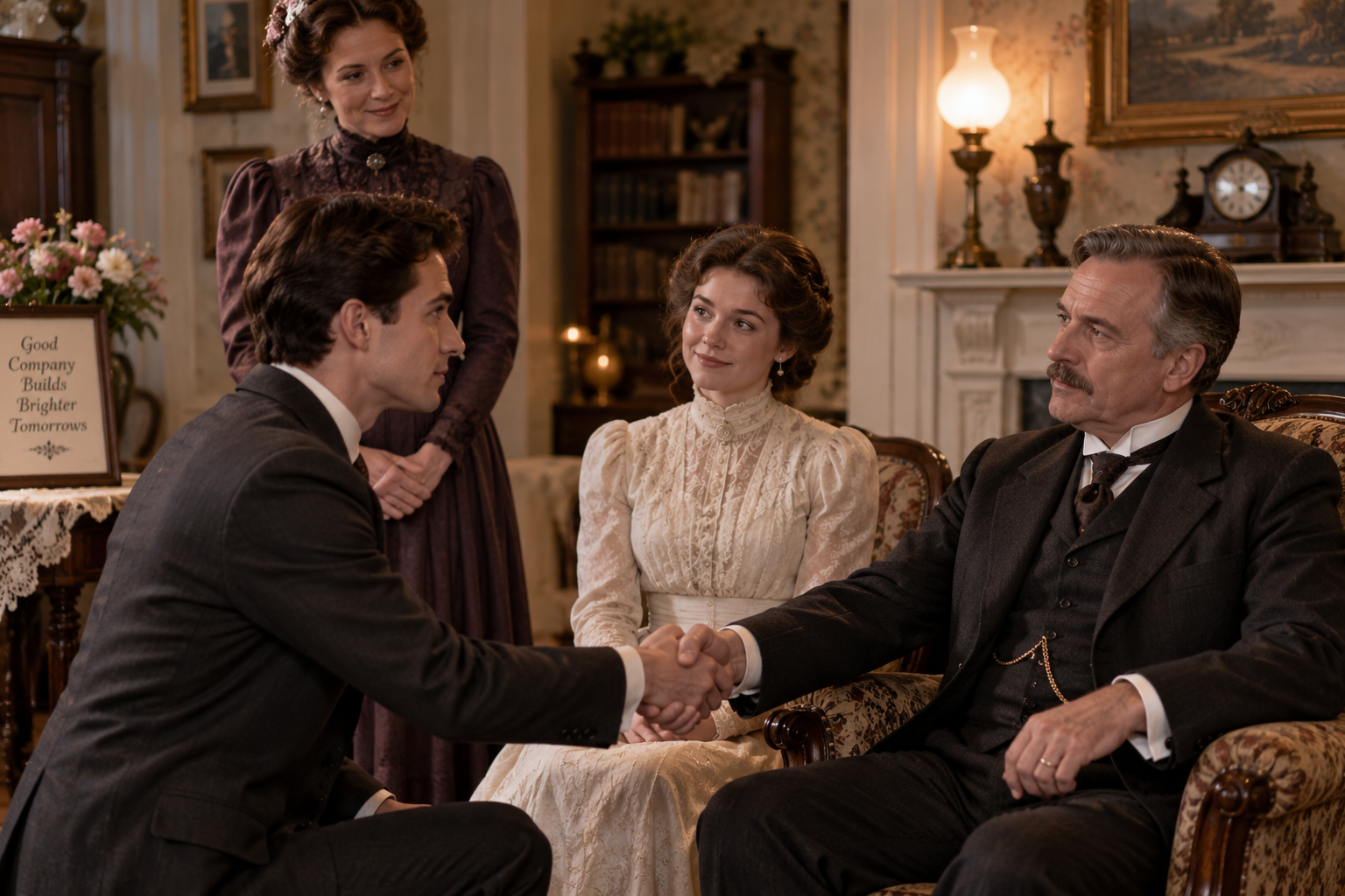A young man in a suit shakes hands with an older man as two women in vintage dresses look on, all seated in an elegant, old-fashioned parlor.