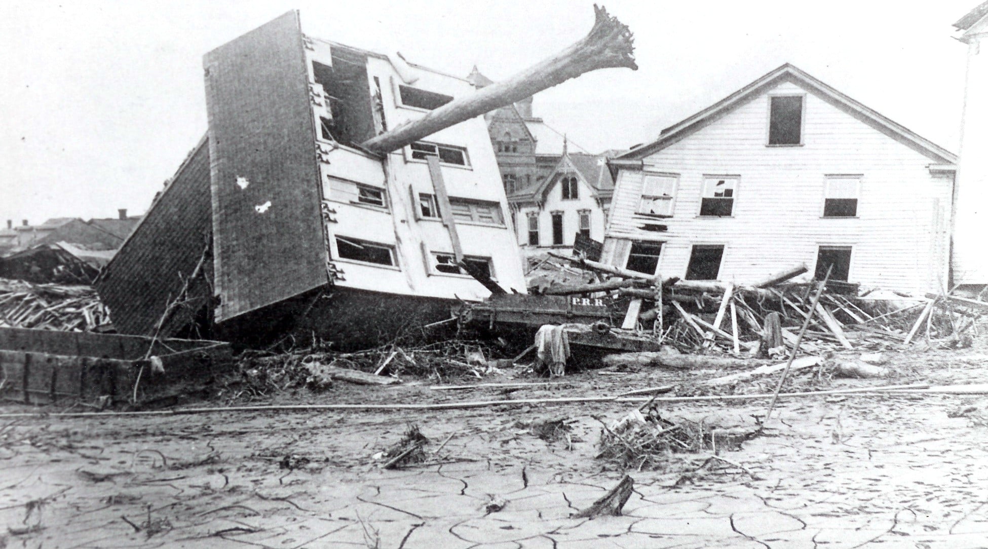 A large, uprooted tree has crashed through damaged houses, with debris scattered around, after a disaster. The ground appears cracked and dry.