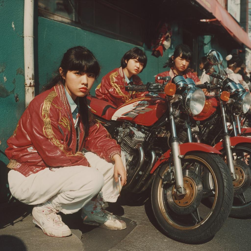 Four young women in matching red jackets and white pants pose with motorcycles on a city street, with one crouching in front and the others sitting on the motorcycles, a green wall and shopfront in the background.