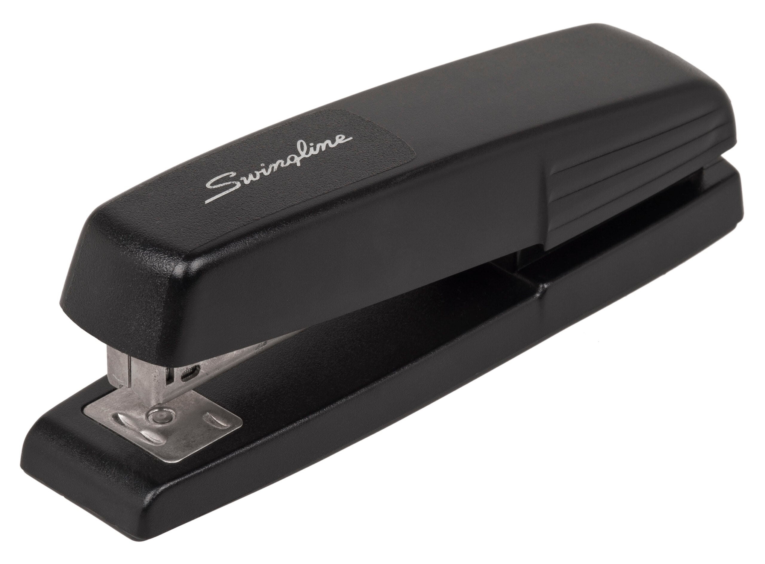 A black Swingline stapler with a metal base and a plastic top, shown on a white background.