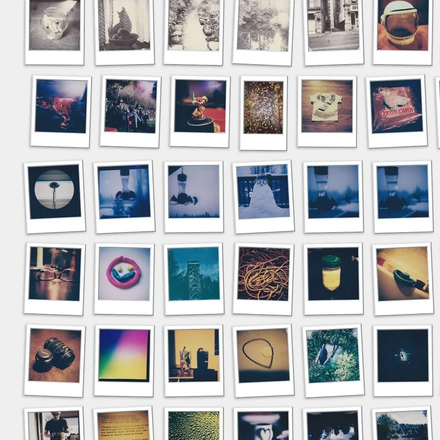 A grid of colorful Polaroid-style photos, each with various subjects such as objects, nature, and abstract scenes, arranged neatly on a light background.